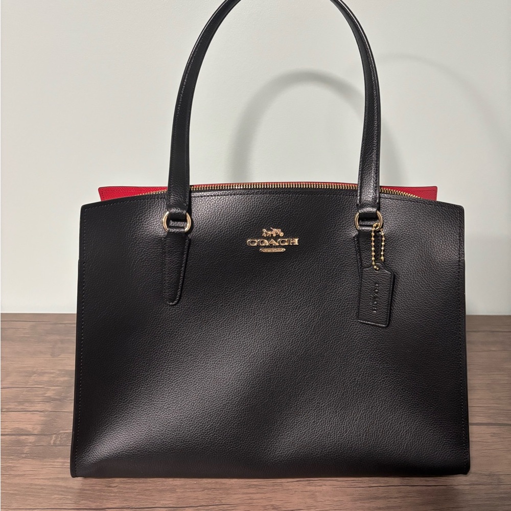 Coach Black Leather Laptop Bag with Red Accent
